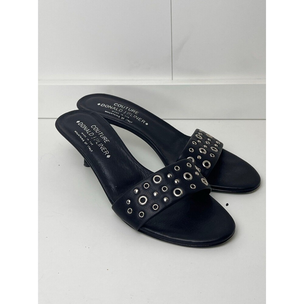 Donald J Pliner Black Kitten Heel Sandals with Silver Grommet Embellishments